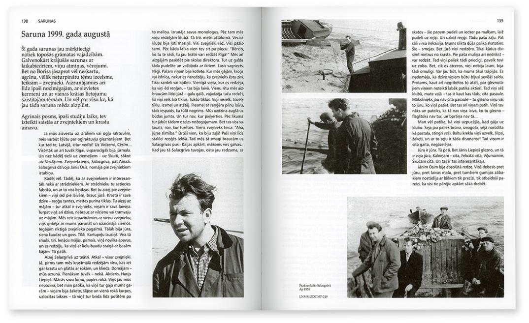 Black-and-white spread with text and photos of Boriss Bērziņš by the sea.