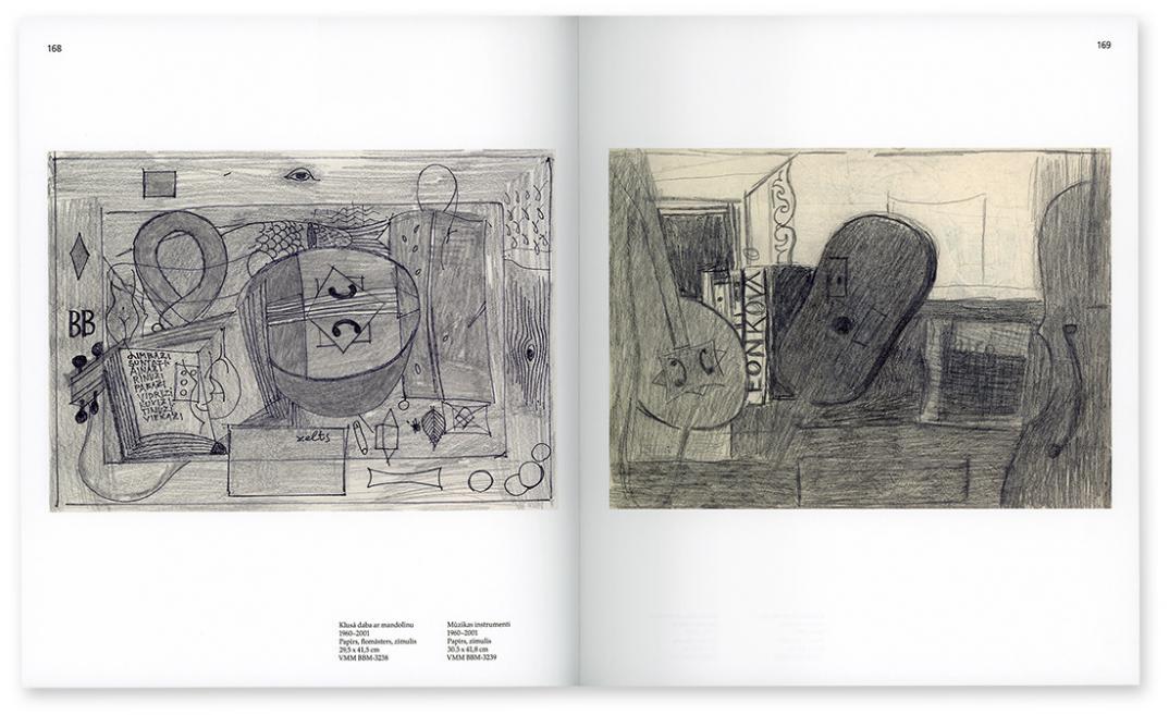 Spread featuring Boriss Bērziņš’s still life and musical instrument drawings.