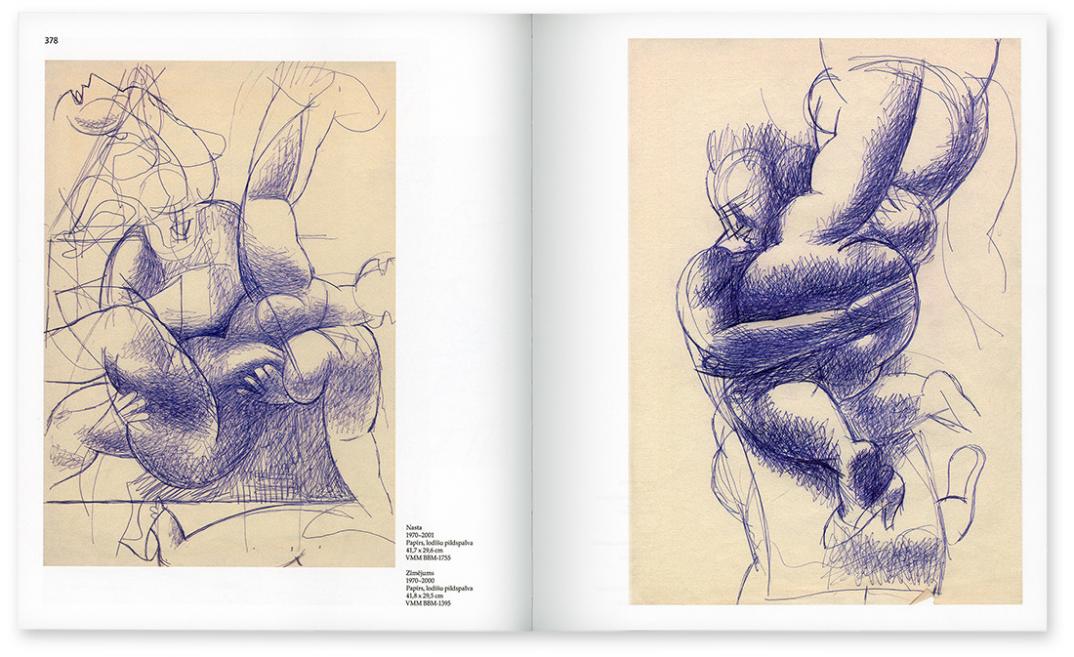 Spread with Boriss Bērziņš’s expressive figure drawings.