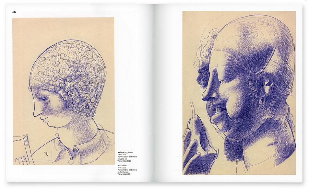 Spread with Boriss Bērziņš’s drawings – a woman with a book and a man with a pear.