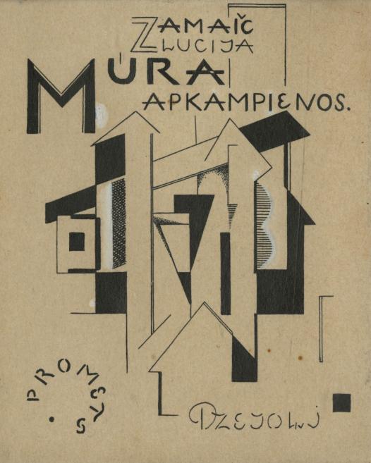 Grafiska kompozīcija ar stilizētām māju formām un konstruktīvistisku tipogrāfiju veido modernisma grāmatas vāku.