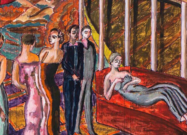 Ekspresīva figurāla glezna interjerā: elegantas, stilizētas personas vakartērpos stāv un sarunājas, kamēr priekšplānā uz sarkana dīvāna atlaidusies sieviete; dinamiska kompozīcija ar spilgtiem oranžiem, sarkaniem un zaļiem toņiem rada teatrālu, vasarīgu noskaņu.