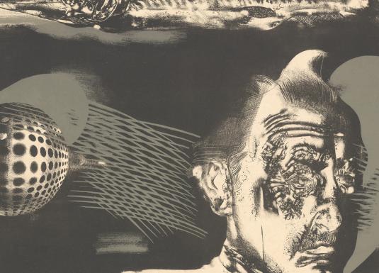 Grafisks, melnbalts portrets ar vīrieša seju profilā un frontāli pārklātām faktūrām; fonā abstrakti ģeometriski elementi, līniju ritmi un lodveida forma, kas rada sprieguma un kustības iespaidu.