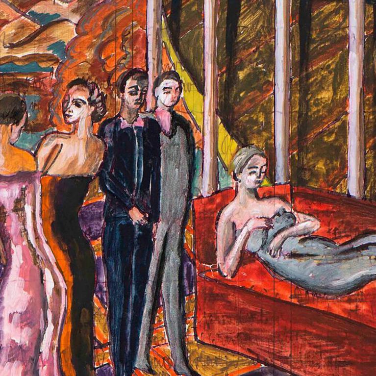 Ekspresīva figurāla glezna interjerā: elegantas, stilizētas personas vakartērpos stāv un sarunājas, kamēr priekšplānā uz sarkana dīvāna atlaidusies sieviete; dinamiska kompozīcija ar spilgtiem oranžiem, sarkaniem un zaļiem toņiem rada teatrālu, vasarīgu noskaņu.