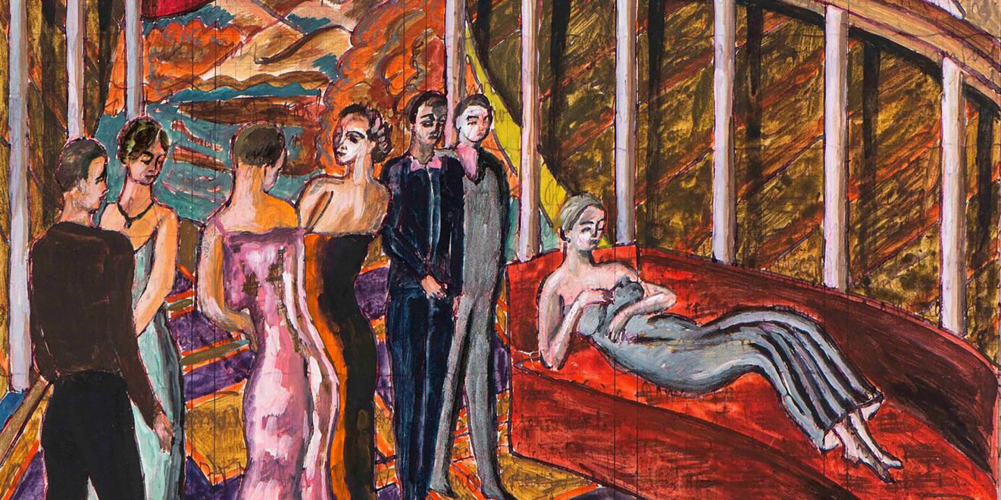 Ekspresīva figurāla glezna interjerā: elegantas, stilizētas personas vakartērpos stāv un sarunājas, kamēr priekšplānā uz sarkana dīvāna atlaidusies sieviete; dinamiska kompozīcija ar spilgtiem oranžiem, sarkaniem un zaļiem toņiem rada teatrālu, vasarīgu noskaņu.