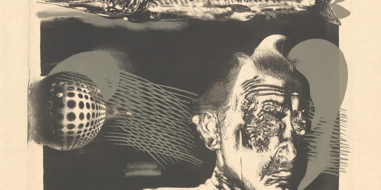 Grafisks, melnbalts portrets ar vīrieša seju profilā un frontāli pārklātām faktūrām; fonā abstrakti ģeometriski elementi, līniju ritmi un lodveida forma, kas rada sprieguma un kustības iespaidu.