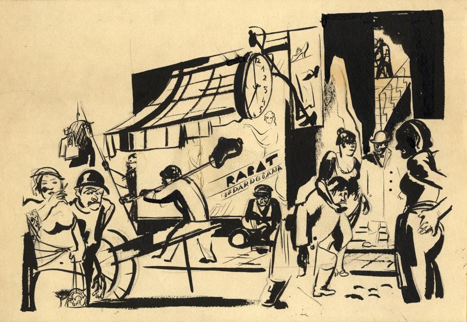 Romans Suta (1896&ndash;1944). Izpārdo&scaron;ana. No cikla &ldquo;Iela&rdquo;. 20. gs. 20. gadu 2. puse. Papīrs, tu&scaron;a. SBM kolekcija. Skenējums