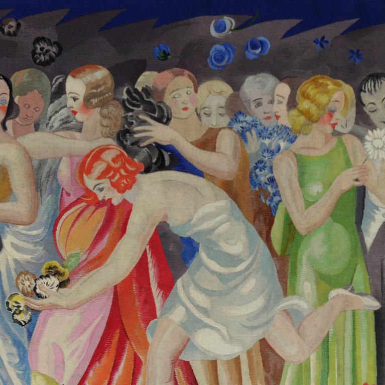 In a colorful painting, a group of stylized women in elegant dresses appears with flowers and decorative motifs against a dark background.