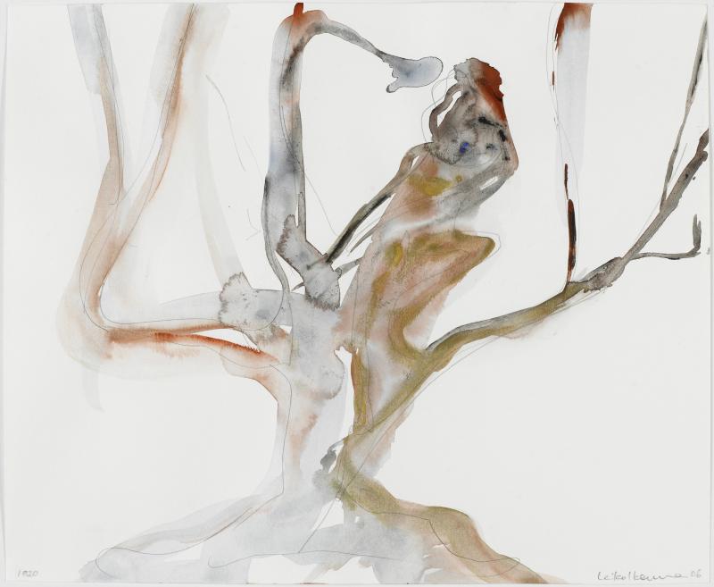 Abstract watercolor and pencil composition on a white background with flowing gray, brown, and ocher lines.