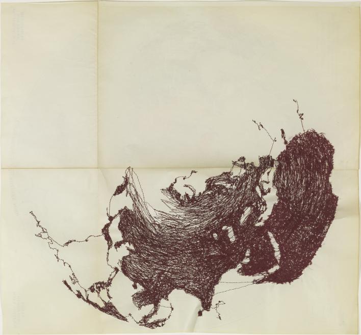 Dark brown abstract line drawing on a folded light paper background, occupying mainly the lower right area.
