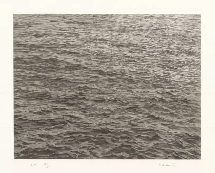 Black-and-white artwork depicting the rippling surface of the sea.