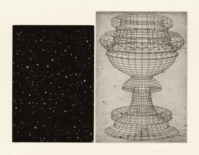 Graphic artwork in two parts – the left side shows a starry night sky, the right side shows a vessel drawn as a wireframe.