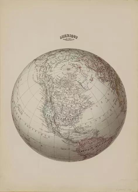 Artwork featuring an old cartographic drawing of America represented as a globe.