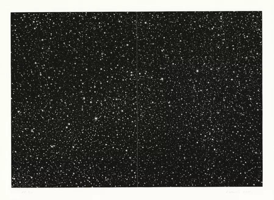 Graphic artwork showing a dense starry sky divided into two vertical sections.