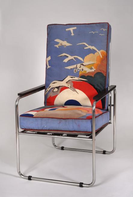 Jean-Camille Bellaigue (1893&ndash;1931), Georges Bourgeois (1898&ndash;1937). Furniture design series Aviation. 1937. Wool tapestry; stainless steel. Mobilier National collection. Photo: Isabelle Bideau.