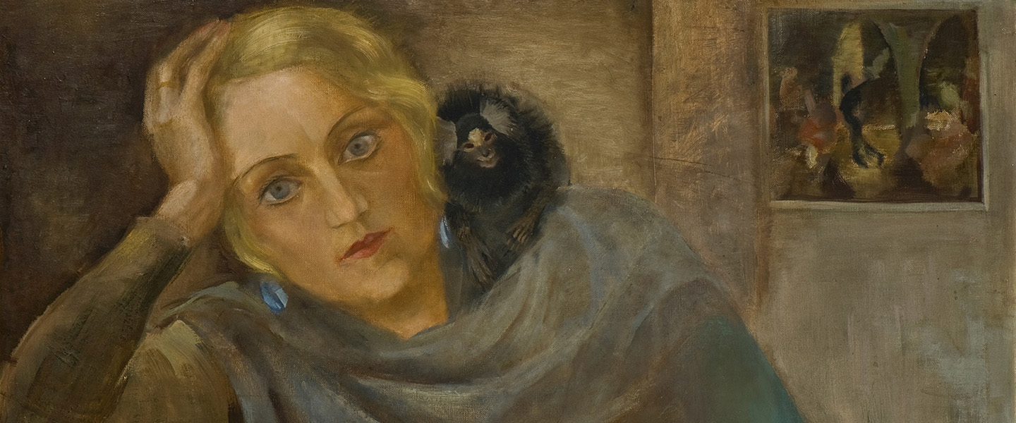 A painting of a young woman resting her head on her hand, with a small monkey on her shoulder and another scene visible in a framed background.