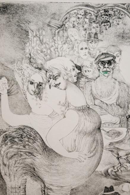 A black-and-white graphic artwork depicting a surreal multi-figure composition where human figures and fantastical elements merge in a dense, theatrical scene.