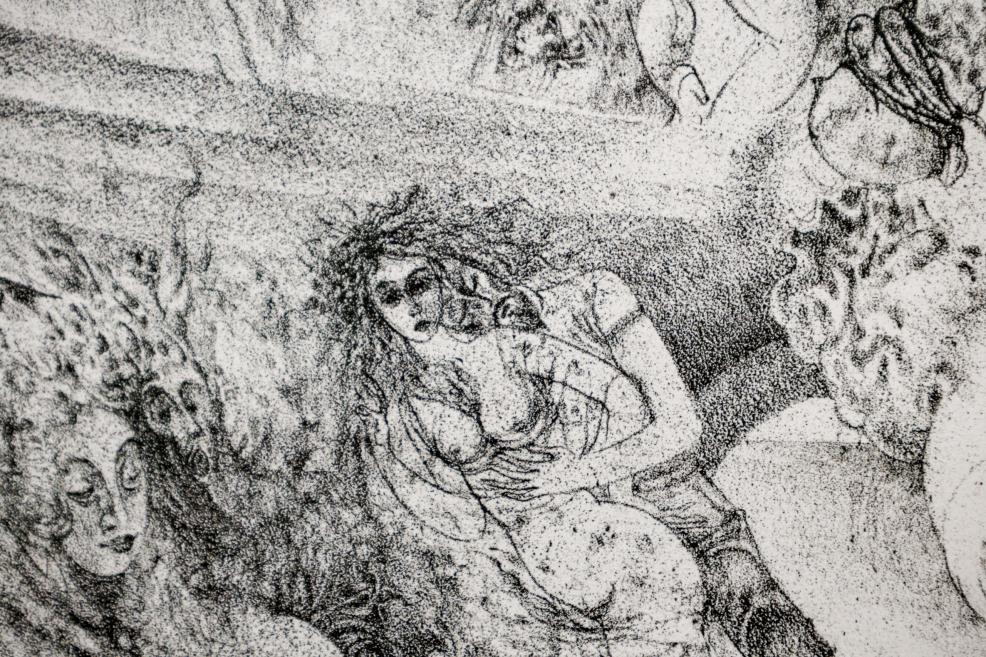 A black-and-white stippling composition depicting a seated female figure surrounded by fantastical characters and landscape elements.