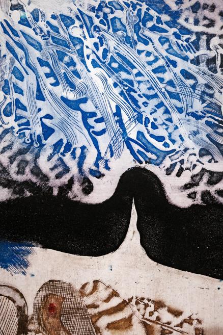 A graphic artwork in blue and black tones featuring abstract flowing patterns and stylized organic forms in the upper part of the composition.