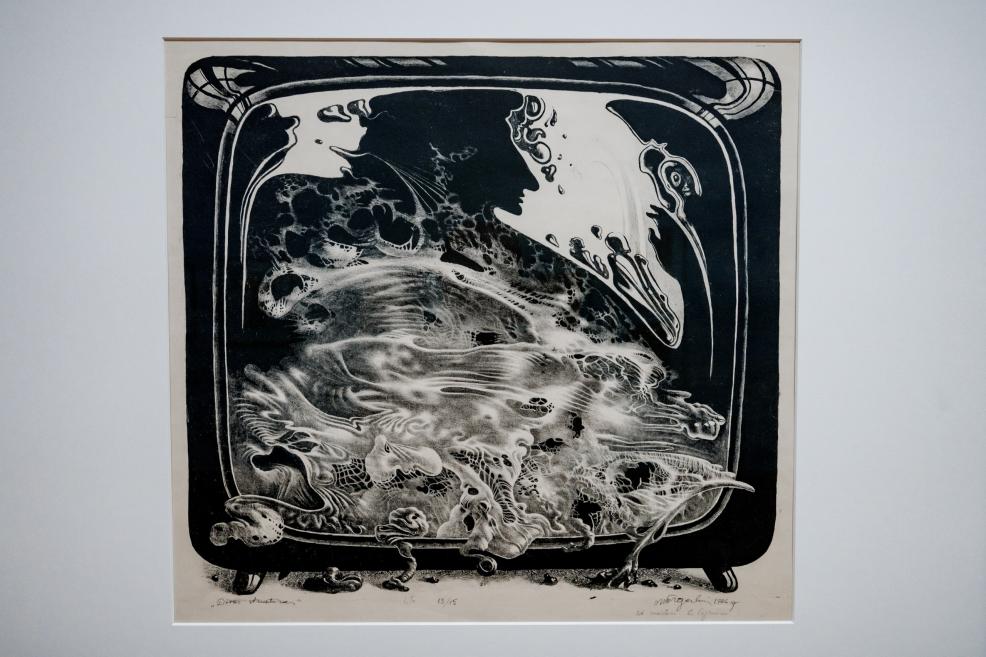 A black-and-white graphic artwork depicting a surreal composition in which a human profile, animals, and fantastical forms merge inside a television screen.