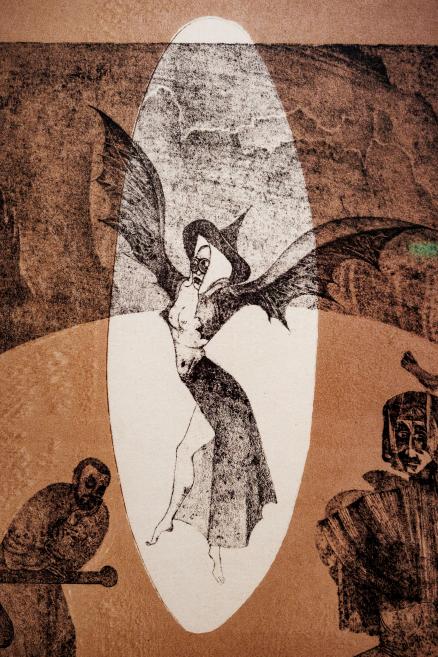 A brown-toned graphic artwork featuring a winged female figure highlighted within an oval field of light, with symbolic figures in the background.