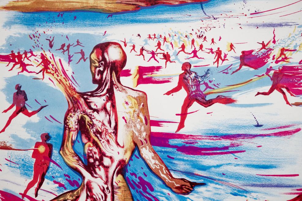 A colorful, expressive composition featuring a central human figure and numerous running silhouettes in a dynamic landscape.