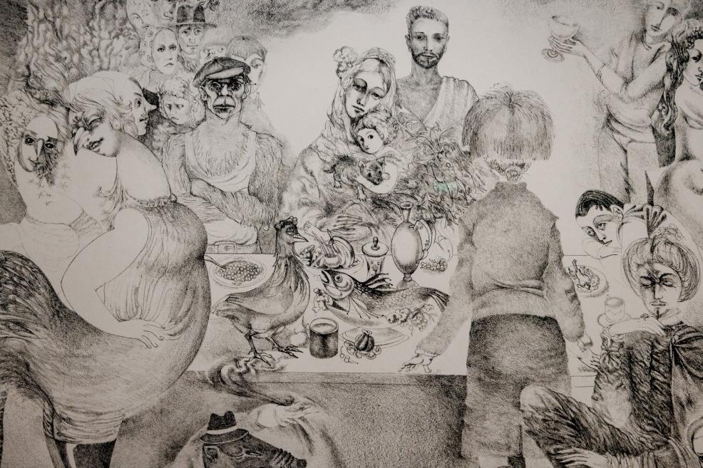 A black-and-white graphic artwork depicting a multi-figure composition around a table where human and animal figures merge in a detailed surreal scene.