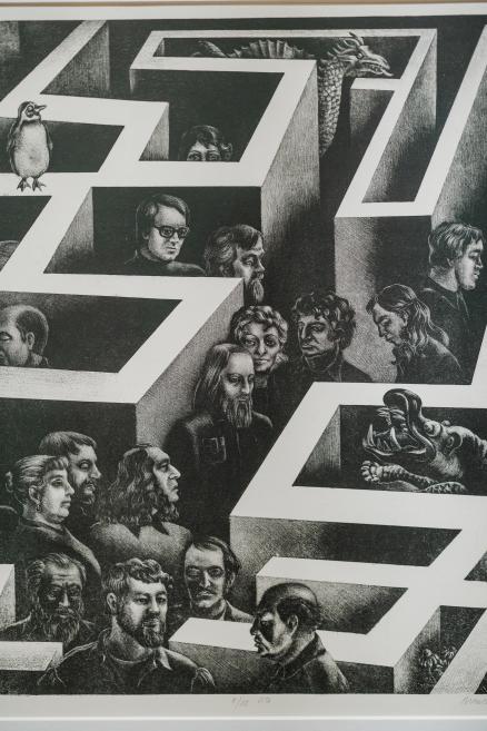 A black-and-white composition featuring human portraits arranged within a geometric labyrinth, with animal figures appearing between the walls.
