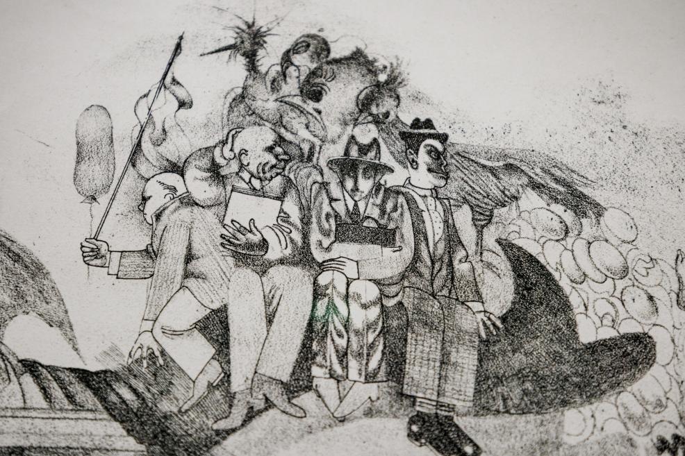 A black-and-white graphic artwork depicting a group of stylized figures closely intertwined in a dynamic, multilayered composition.