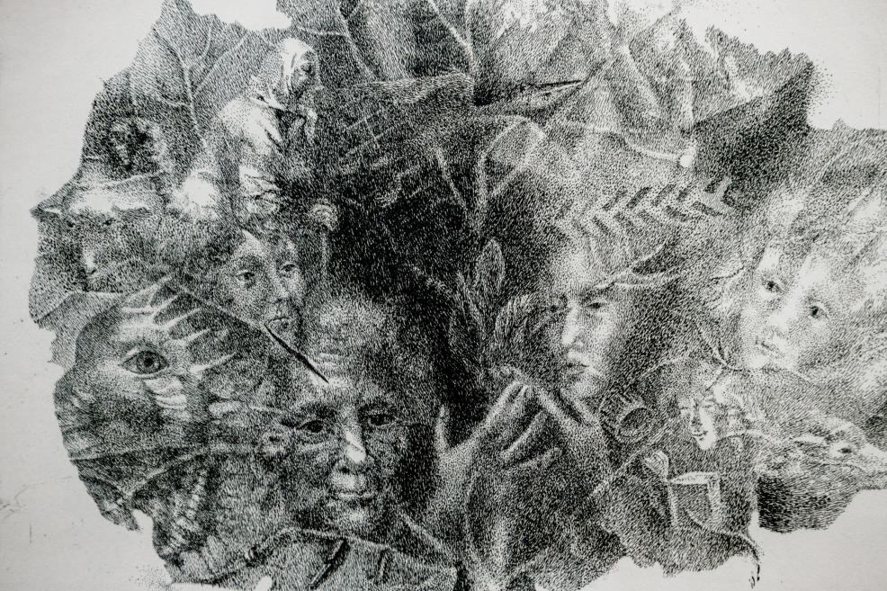 A black-and-white stippling composition featuring intertwined human faces, animal figures, and natural motifs in a dense, unified image.