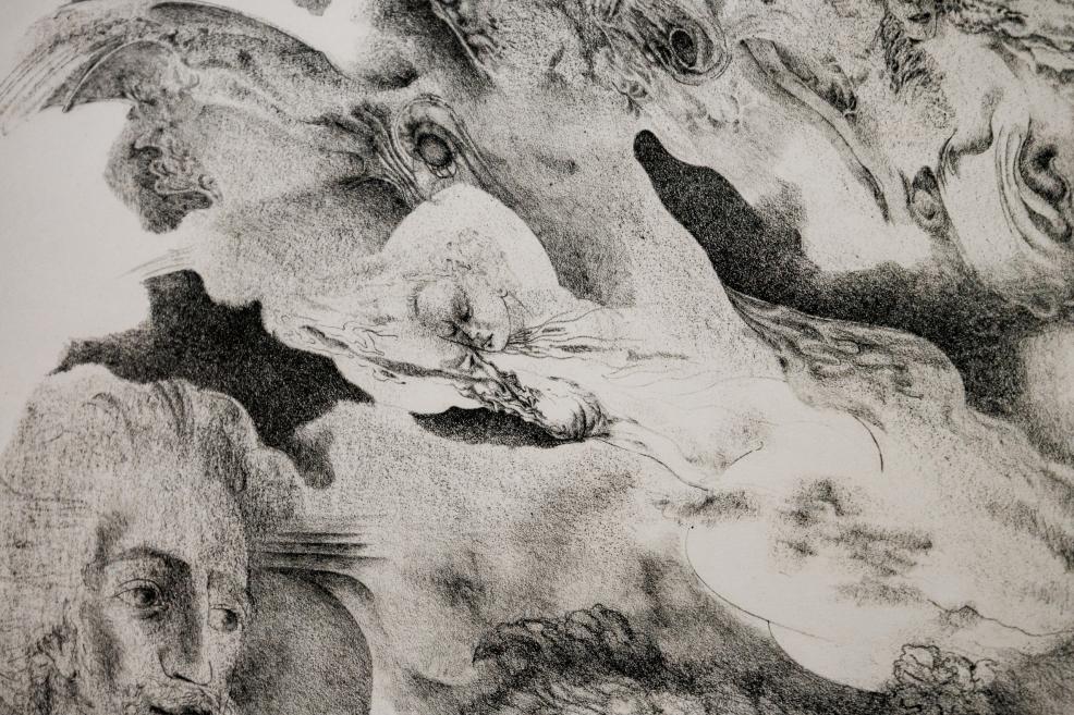 A black-and-white graphic artwork depicting a surreal composition intertwining a human face, animal figures, and flowing dreamlike forms.
