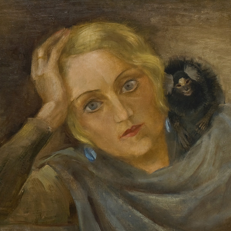 A painting of a young woman resting her head on her hand, with a small monkey on her shoulder and another scene visible in a framed background.