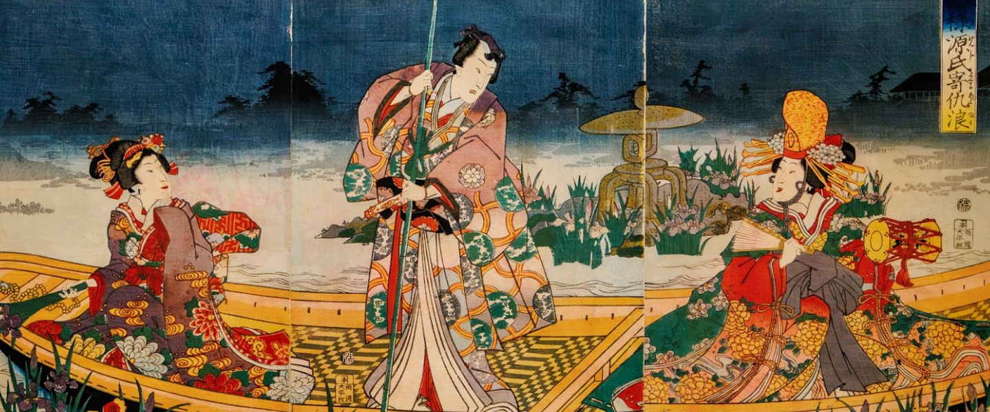 A colorful Japanese woodblock print depicting three figures in traditional attire in a boat against a waterside landscape background.