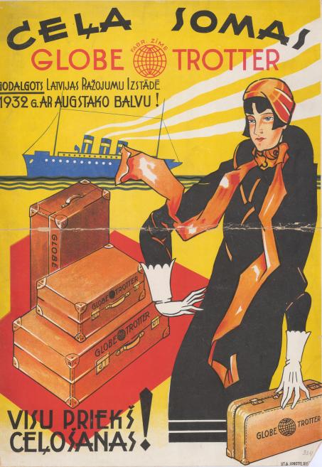 Krāsaina afiša ar sievieti, ceļasomām un kuģi fonā, reklamējot “Globe Trotter” ceļasomas.