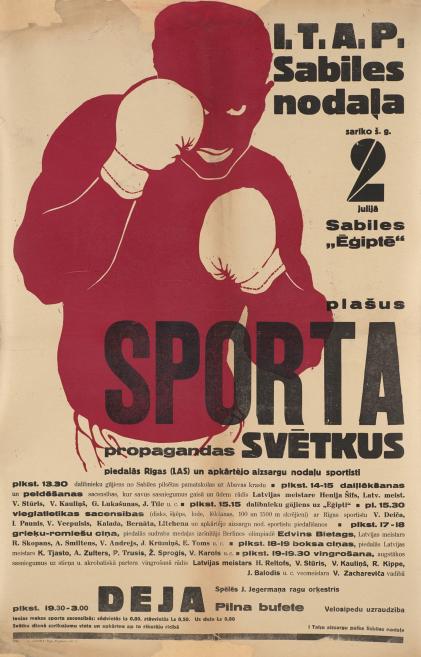 Afiša ar bokseri sarkanā krāsā, kas reklamē plašus sporta svētkus Sabilē.