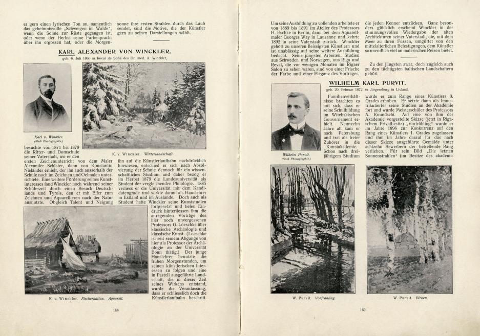 Vilhelma Neimaņa grāmatas &ldquo;Baltijas gleznotāji un tēlnieki 19. gadsimtā&rdquo; (Rīga, 1902) atvērums ar Karla fon Vinklera un Vilhelma Purvī&scaron;a biogrāfijām. Publicitātes foto