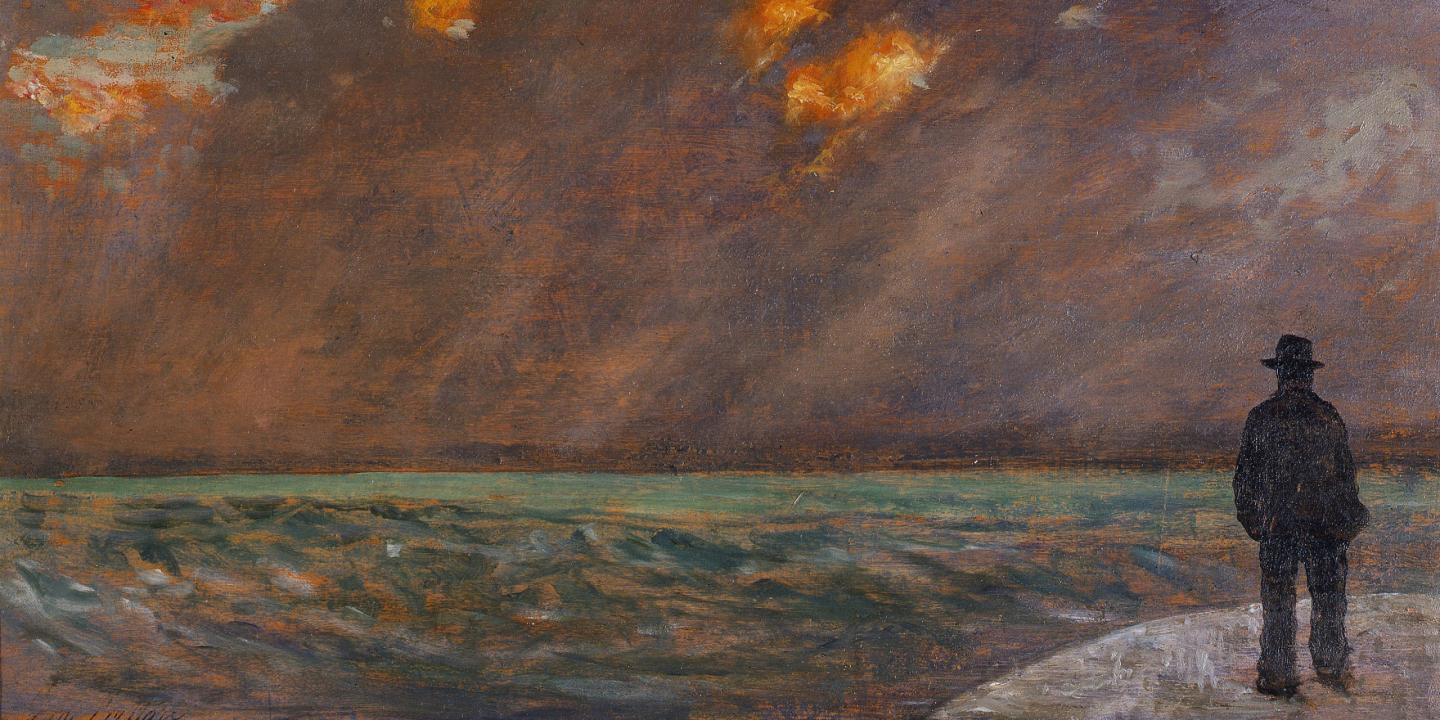 Artwork of a person standing by the sea.
