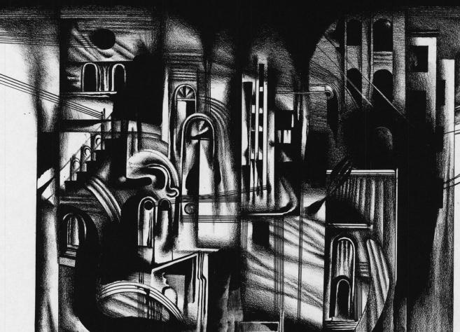 Melnbalta, grafiska kompozīcija ar stilizētu arhitektonisku telpu – arkas, kolonnas, kāpnes un logu atveres savijas abstraktā, sirreālā pilsētvidē. Spēcīgi gaismēnu kontrasti un diagonālas līnijas rada dramatisku, noslēpumainu noskaņu.