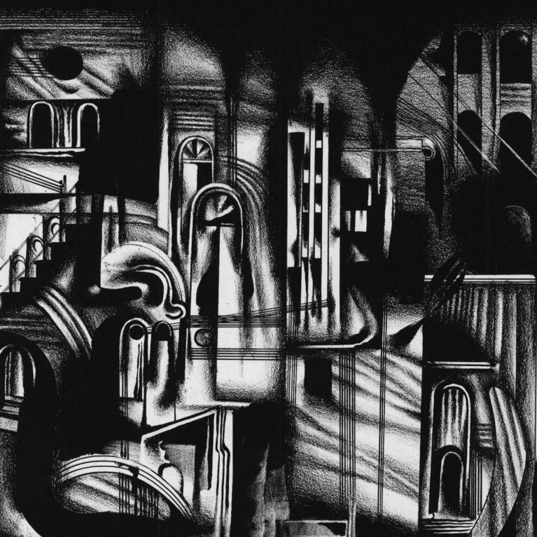 Melnbalta, grafiska kompozīcija ar stilizētu arhitektonisku telpu – arkas, kolonnas, kāpnes un logu atveres savijas abstraktā, sirreālā pilsētvidē. Spēcīgi gaismēnu kontrasti un diagonālas līnijas rada dramatisku, noslēpumainu noskaņu.
