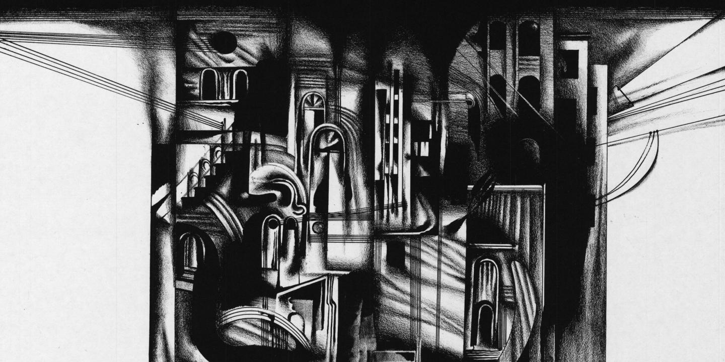 Melnbalta, grafiska kompozīcija ar stilizētu arhitektonisku telpu – arkas, kolonnas, kāpnes un logu atveres savijas abstraktā, sirreālā pilsētvidē. Spēcīgi gaismēnu kontrasti un diagonālas līnijas rada dramatisku, noslēpumainu noskaņu.