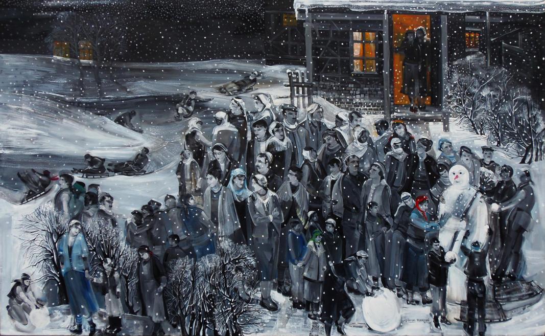 Winter painting with a snowy yard and a large group of people building a snowman.