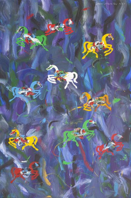 Dynamic painting of colorful horses in motion on a purple-blue background.