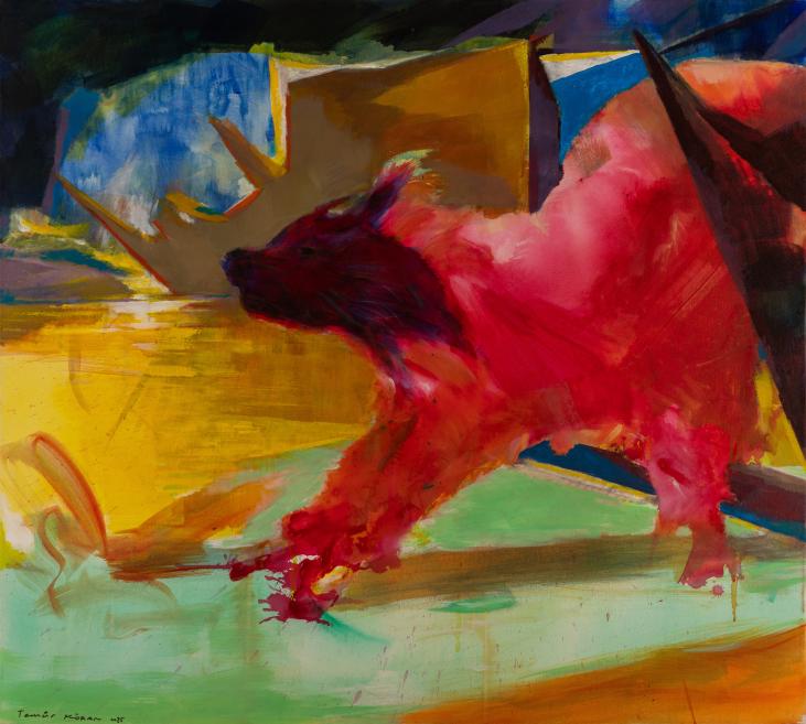 Abstract painting with a vivid red animal figure in a dynamic composition.