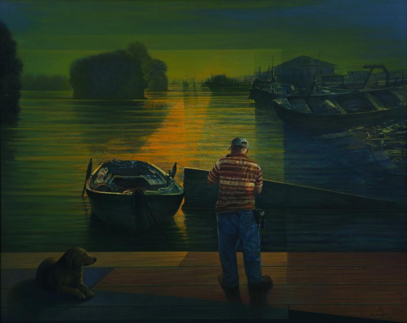 Painting of a man standing by a boat at sunset with a dog in the foreground.
