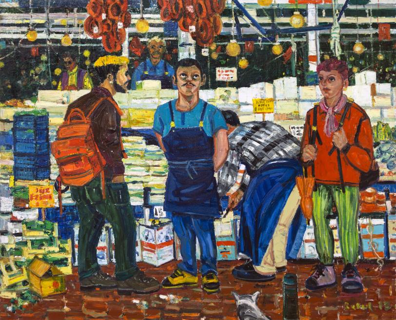 Colorful painting of people in a market with stalls full of goods.