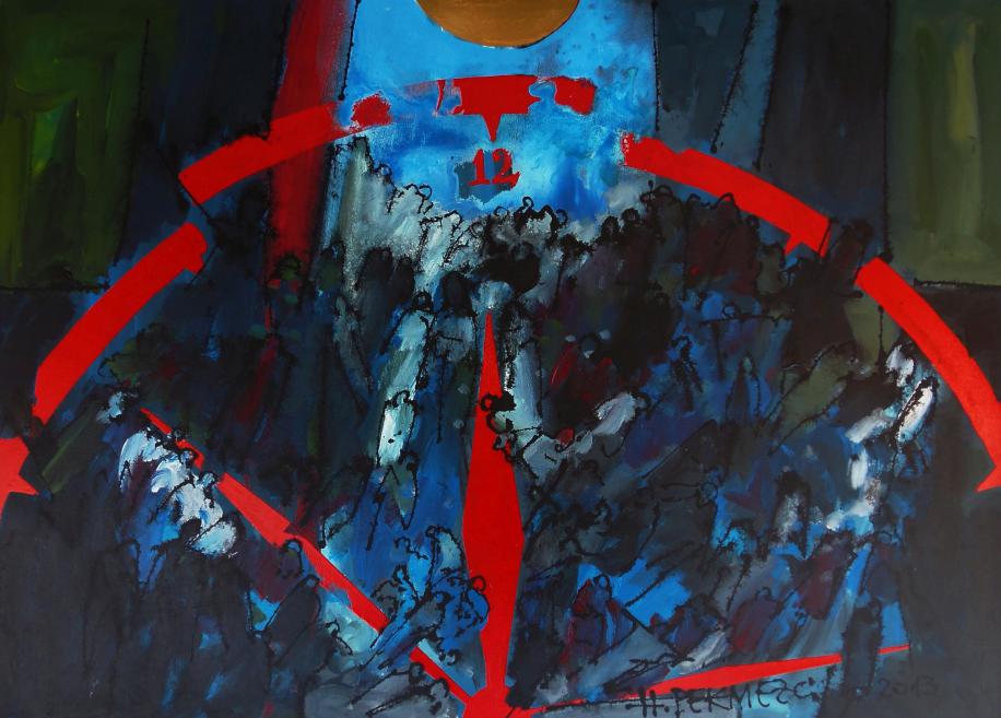 Abstract painting with red clock elements on a dark blue and black background.