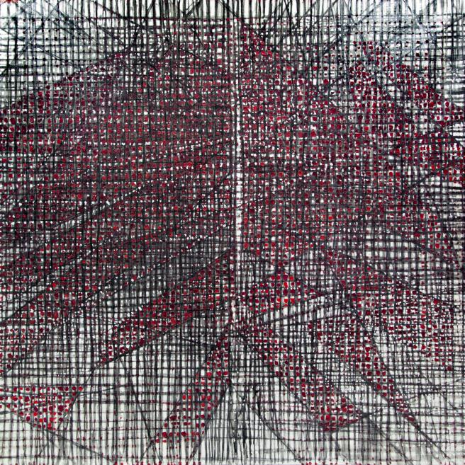 Graphic abstract painting with red and black rhythmic patterns on a white and grey background.