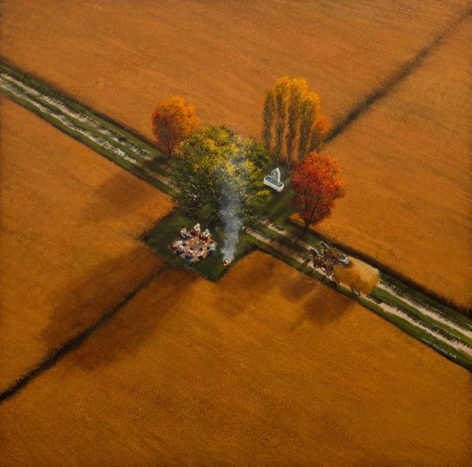 Countryside scene with orange fields, trees, and people sitting around a fire near a road.