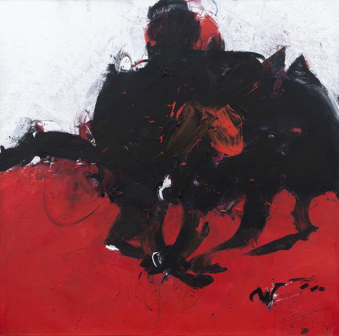 Expressive painting of a dark figure in motion against a red and white background.