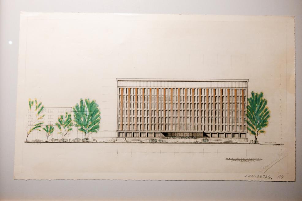 Arhitektūras skice – ēkas fasādes zīmējums ar kokiem priekšplānā.